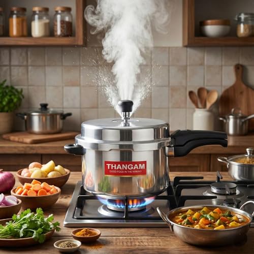 Image of Thangam Aluminium Large Pressure Cooker 7.5 Litre | Heavy Gauge Cooker for Gas Stove | Durable Virgin Aluminium Body | Fast Cooking Silver Kitchen Cookware (7.5 Litre)