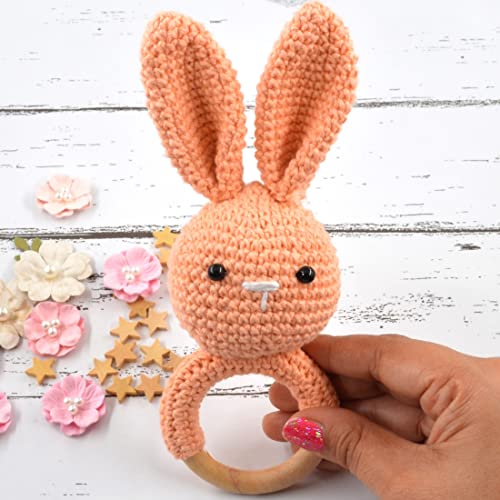Image of Love Crochet Art Animal Shape Crochet Rattle Cum Soft Toy for Infant, Kids & Babies, Early Age Gift Toys (Bunny Rabbit - Peach)