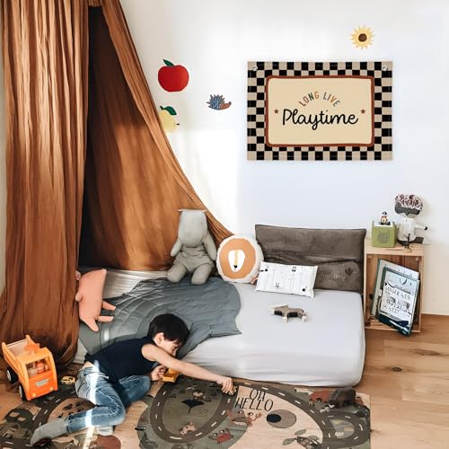 Image of XYDEG Playroom Wall Decor, Black and White Checkered Toddler Playroom Decor Hanging Linen Banner,Play Room Wall Art for Nursery Kids Boy Girl Room Bedroom, 30x20 Inch