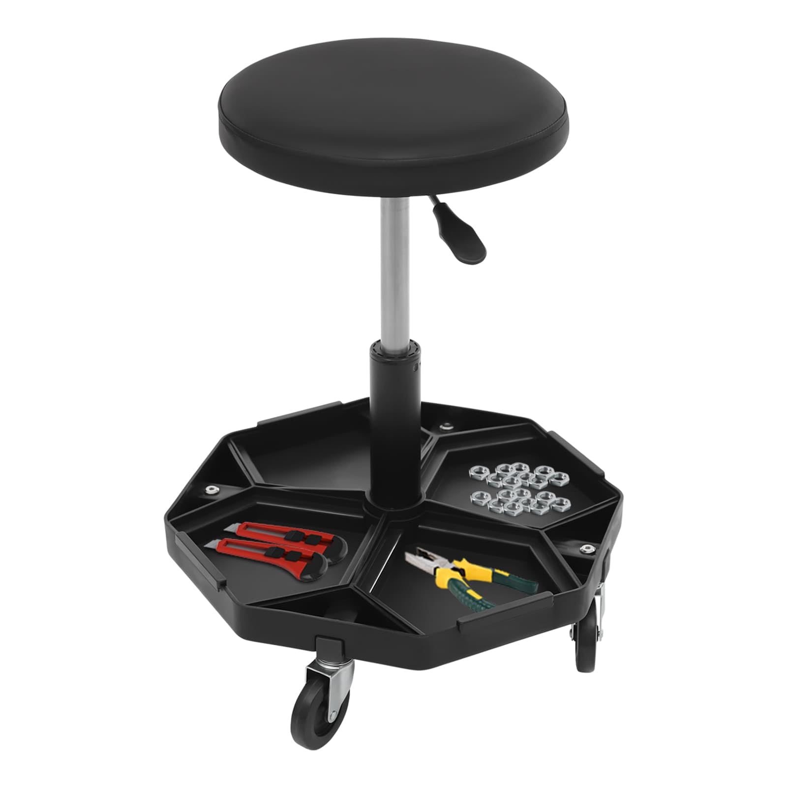 Sgabello da officina con ruote, altezza regolabile da 45 a 61 cm, con vassoio per attrezzi, per meccanici, garage, fai da te (nero)