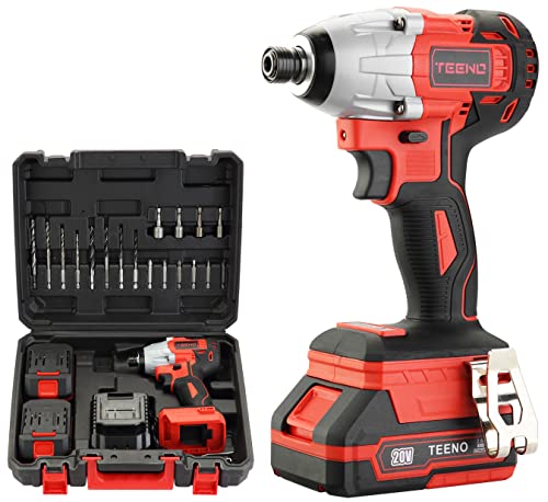 Atornillador de Impacto 20V TEENO, Brushless, Potencia de Impacto 0-3000IPM, Batería 2x2.0Ah, Caja con 19pcs Accesorios (Dos Baterías)