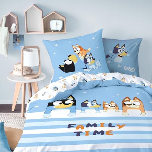 MTOnlinehandel Bluey Ropa de cama de algodón de 135 x 200 cm, para niñas y niños, diseño reversible, 1 funda de almohada de 80 x 80 cm + funda nórdica de 135 x 200, Öko Tex