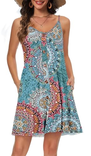 Koerye Vestido de Playa Traje de Baño Vestido Sin Mangas Informal con Cuello en V Correa de Espagueti de Verano Vestidos Bikini Cover Up Verano(BLU,M)