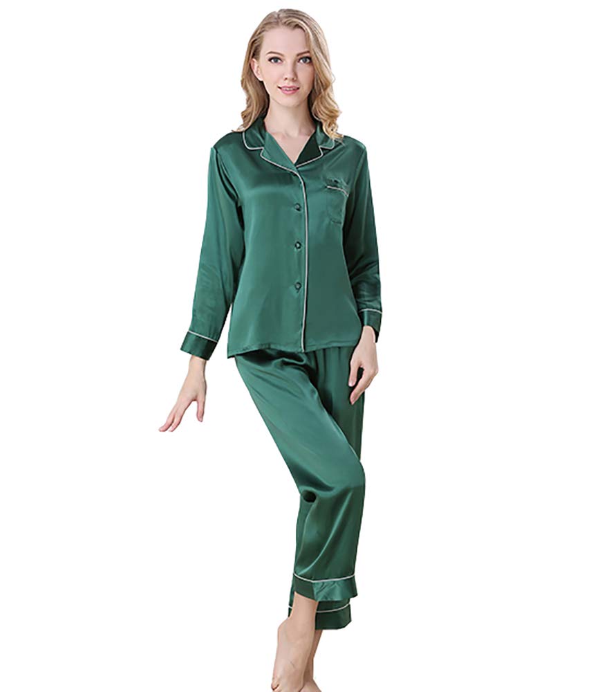 Lsharon Women's Green Sexy 100% Mulberry Silk Long Sleeves Pyjama Sets Nightwear Sleepwear Nightgown (S(Tag L), )