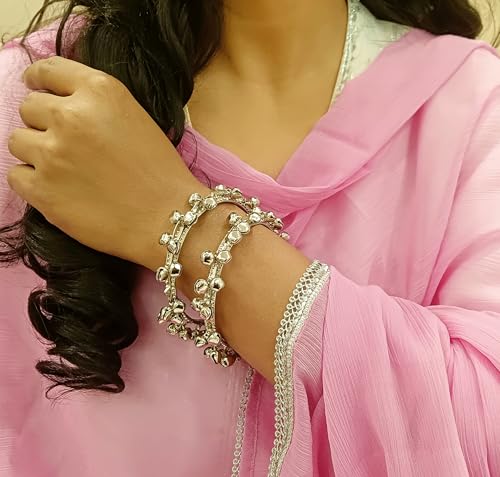 Efulgenz Indian Oxidized Jewelry for Navratri Boho Vintage Antique Gypsy Tribal Indian Oxidized Silver Tone Bell Charm Bracelet Bangle Set Jewelry4