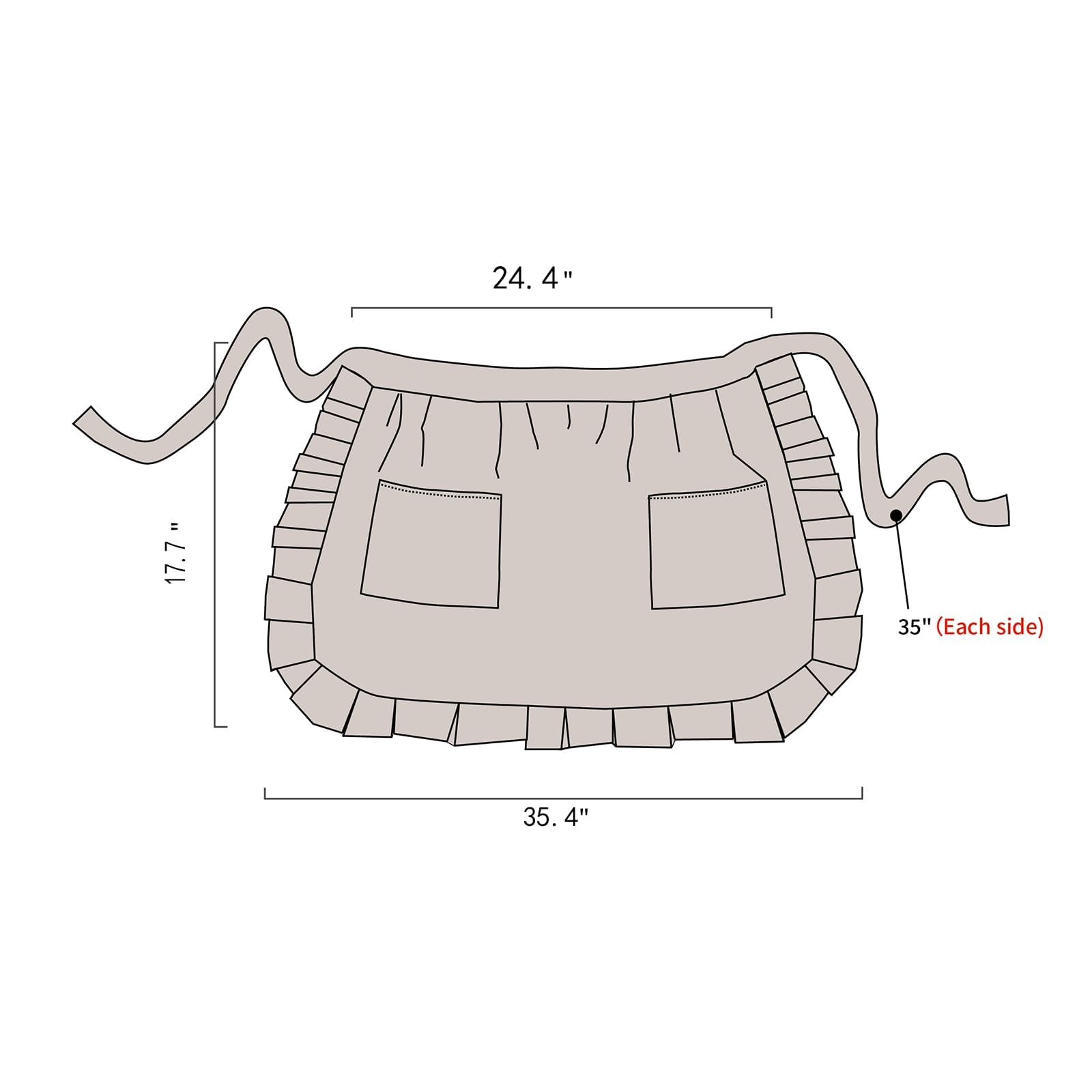 Grembiule in 100% puro lino con volant, per donne e uomini, con 2 tasche, per cameriere, cuochi, cucina, pulizia