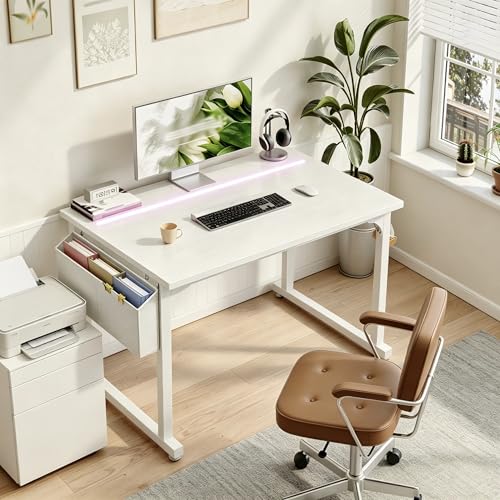 Image of DurayLoly 32 inch Computer Desk with Waterproof LED Lights,Bedroom Study Desk for Teens, Dorm Room Essentials,Headphone Hook&Storage Bag for Small Spaces,Sturdy Metal Frame,White