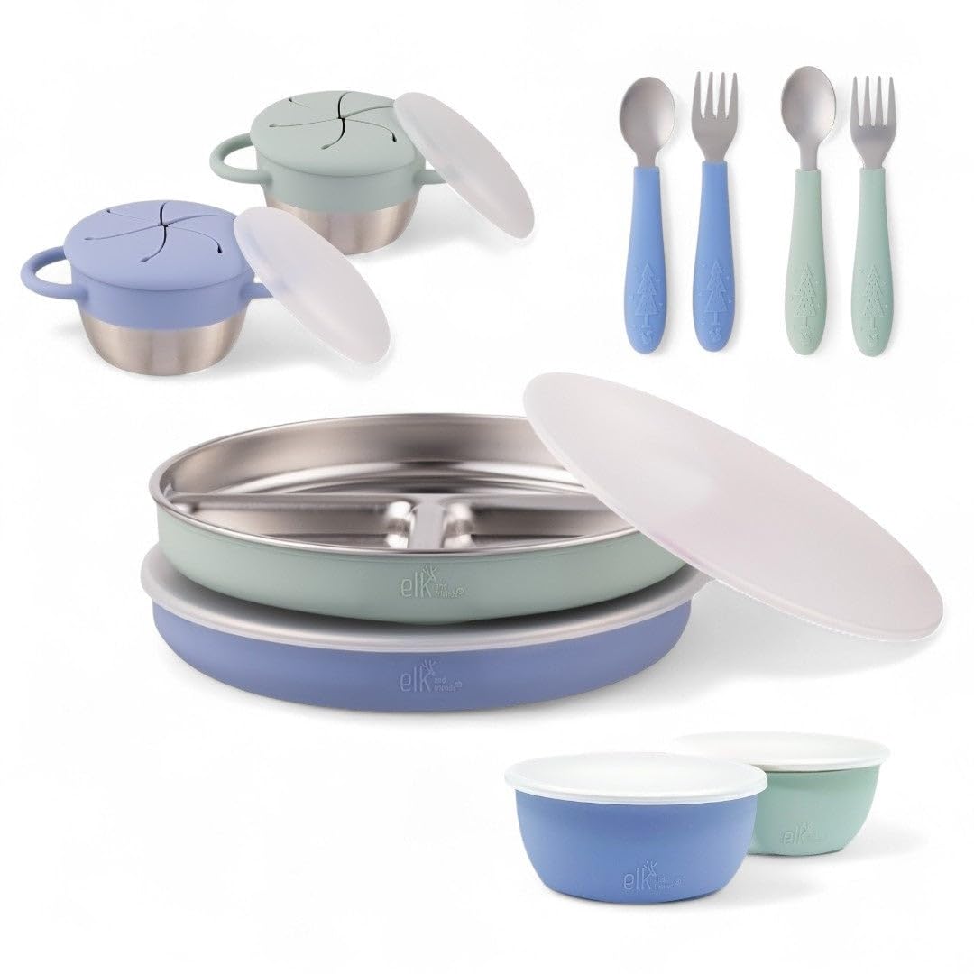 Elk and Friends Kids Stainless Steel Mealtime Bundle | Plates, Bowls, Snack Cups + Toddler Utensils | Silicone Sleeves + Travel Storage Lids | for Meals + Snacks | Dishwasher Safe