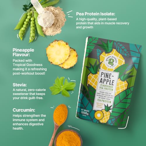 Image of GREEN PROTEIN Pea Protein Isolate Powder, Vegan Plant Protein, No Added Sugar, 100% Vegan, Soy Free, Dairy Free, Gluten Free, Allergen Free, Pineapple Flavor, 15g Protein Per Serving, Pouch (1kg)