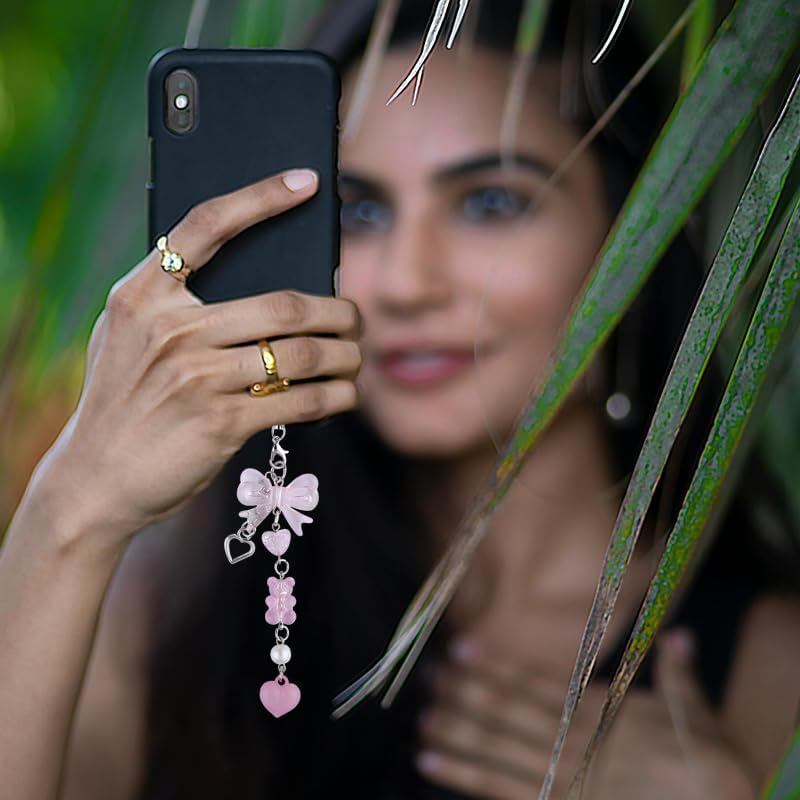 Aesthetic Phone Charm Pink Bow Charms for Phone Case Decorations Blue Cell Phone Keychain Strap Cute Y2k Accessories for Women Camera Bag Purse Charms with Bear Pendant Charm Decor for Phone Case 2Pcs - Image 4