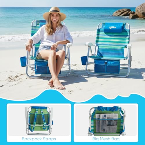 Old Bahama Bay Beach Chairs for Adults, 7-Position Classic Lay Flat Beach Chair Reclining Beach Chair, Portable Aluminum Backpack Beach Chair with Towel Bar & Cooler Bag - image 6