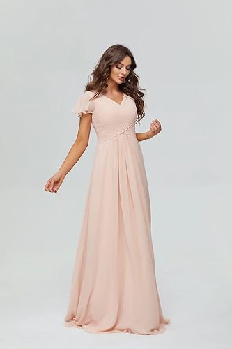 Miniatura 5 de SoDigne Vestidos de dama de honor de gasa con mangas con volantes, cuello en V, acampanado, fruncido, largo, formal, vestidos de fiesta de noche