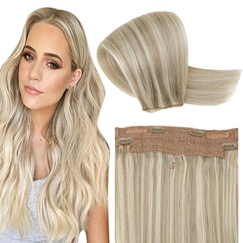 Hetto Blonde One Piece Human Hair Extensions #17/23 Ash Blonde Highlight Light Blonde Wire Hair Extensions Human Hair Invisible Secret Extensions 12 Inch 70g