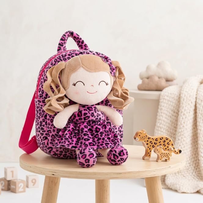 Image of Gloveleya Toddler Girls Backpacks Soft Doll Backpack for Kids Curly Hair Dolls for Girls in Rose Leopard Dress 9 inches