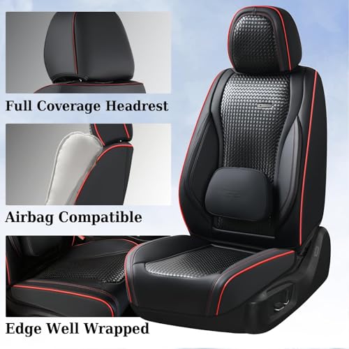 Image of Coverado Car Seat Covers Full Set, Black Redline Seat Covers for Cars, Waterproof Nappa Leather Automotive Seat Covers with Lumbar Head Pillow, Car Seat Protectors, Universal Fit for Most Cars SUV