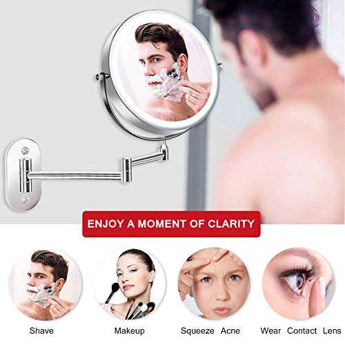 8'' Bathroom Mirrors Wall Mounted Makeup Mirror, Upgrade Auto Off LED Shaving Mirror 1X/10X Magnifying Double Sided 360° Swivel Extendable, Powered by 4 x AAA Batteries (chrome)