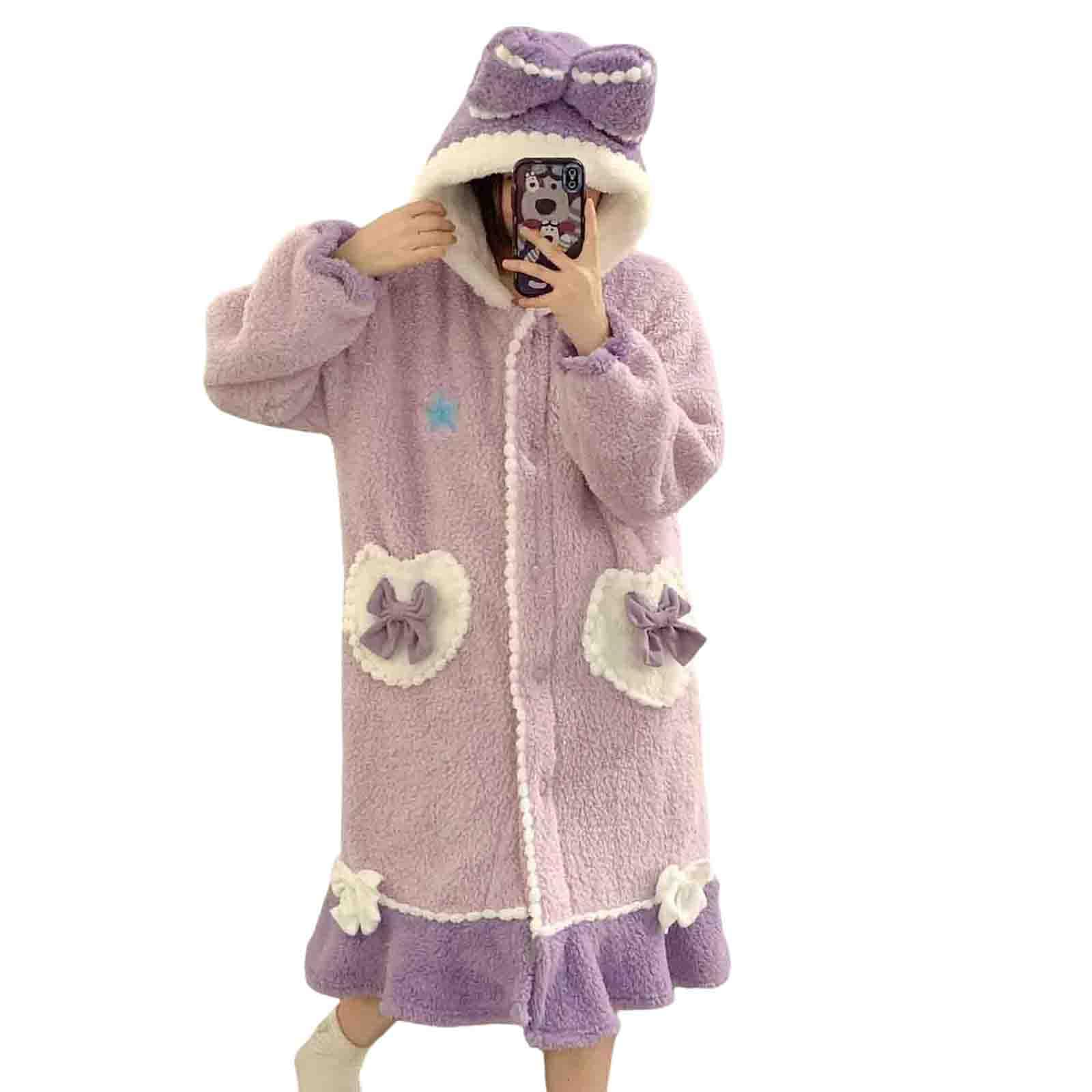 Women's Hoodie Plush Warm Long Pajama Women's Cute Pattern Pocket Pajama Kawaii Button Bathrobe