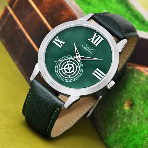 Image of LOUIS DEVIN Black /Blue /Brown /Green Leather Strap Analog Wrist Watch for Men (Black /Blue /Brown /Green /White Dial) | LD-GR079