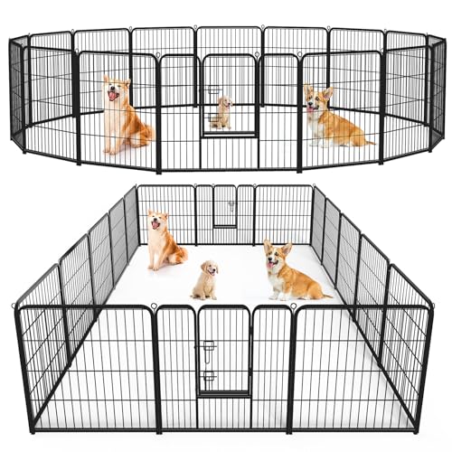 Sweetcrispy Dog Playpen Indoor - Pet Fence Exercise Pen for Yard Gate 16 Panels Foldable Puppy Playpens with Doors Metal Dog Pen for Camping, RV, Outdoor, Small/Medium/Large Pets, 32” Height