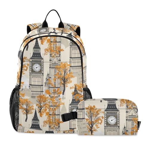 miaozhen Big Ben Grey Yellow Backpack With Lunchbox For Boys Bookbag With Lunchbox For Girls School Bag And Lunch Box Set For Boys 10-12