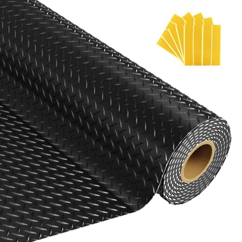 Grandroad auto 8x20 FT Garage Floor Mat, 2.8mm Thickened Flooring Roll Diamond Plate PVC Rubber Trailer Mat with 20 Pcs Tapes, Non-Slip Floor Protector Mat for Garage, Warehouse, Gyms, Trailer, Black