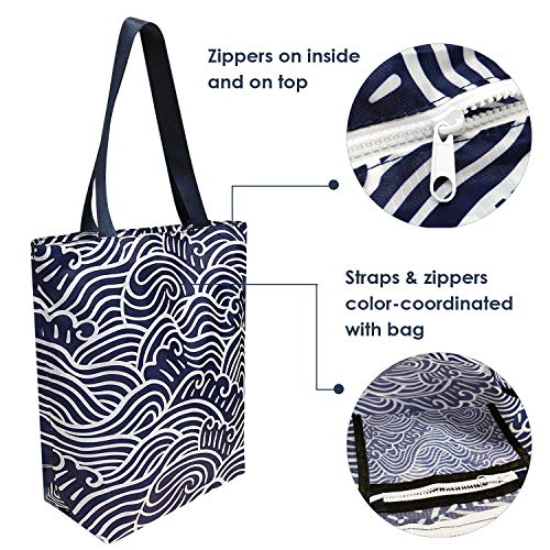 Wrapables Carryall Shopping Travel Tote Bag with Durable Ripstop Polyester - Foldable, Waterproof, and OEKO-TEX Certified, Small, Navy Swirls4