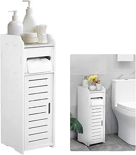 White Bathroom Cabinet, Waterproof Toilet Storage Cupboard Shelf Floor Standing Toilet Silm Shelf Storage Rack with Drawer...