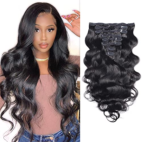 Clip In Human Hair Extensions Body Wave 100% Human Hair 8 pieces 120gram Grade 10A for Thin Hair Natural Black (24", Body Wave)