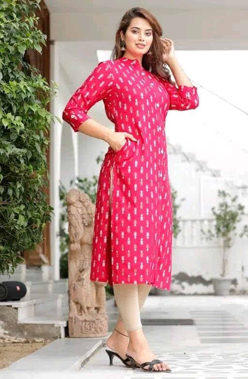 Image of Women's Printed Straight Kurti, 3 /4 Sleeves, Button-Down Front, Side Slits with Pockets