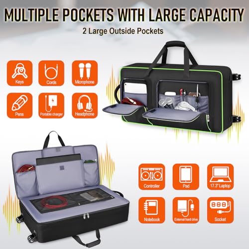 Image of SNIGJAT DJ Controller Case with Wheels Compatible for DDJ-FLX10 / DDJ-GRV6 / 1000 / REV7 / REV5 / FLX6 / SC LIVE 4, Padded Rolling DJ Backpack with Multi-Pocket for 17.3 inch Laptop, DJ Accessories