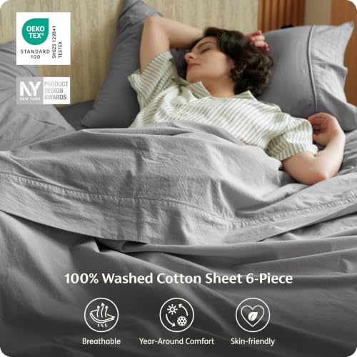 Image of Bedsure PureWoven 100% Washed Cotton Sheets Queen, Linen-Like Feel, 6PCS
