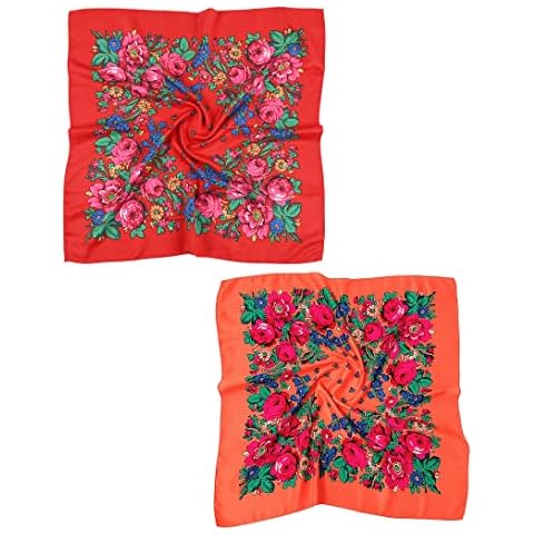 Gudessly 2 PCS Russian Ethnic Scarf Square Head Hair Scarves Printed Cotton Flowe Neck Scarf for Women Girls (Red,Orange) Cover