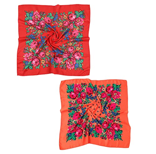 Gudessly 2 Stück russischer ethnischer Schal, quadratischer Kopf, Haarschal, bedruckt, Baumwolle, fließender Halsschal für Frauen und Mädchen, Rot/Orange, Einheitsgröße