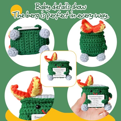 Image of RovyFota Emotional Support Crochet Dumpster Fire with Positive Card Cute Room Decor Knitted Toys Funny Crochet Support Buddies Gifts for Friends (Green&Pink&Red)
