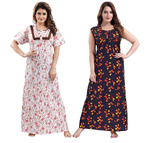 Image of YKI Women's /Girls Cotton Fabric Beautiful Print Nighty /Nightgown /Nightwear /Nightdress with Pocket (Pack of 2)
