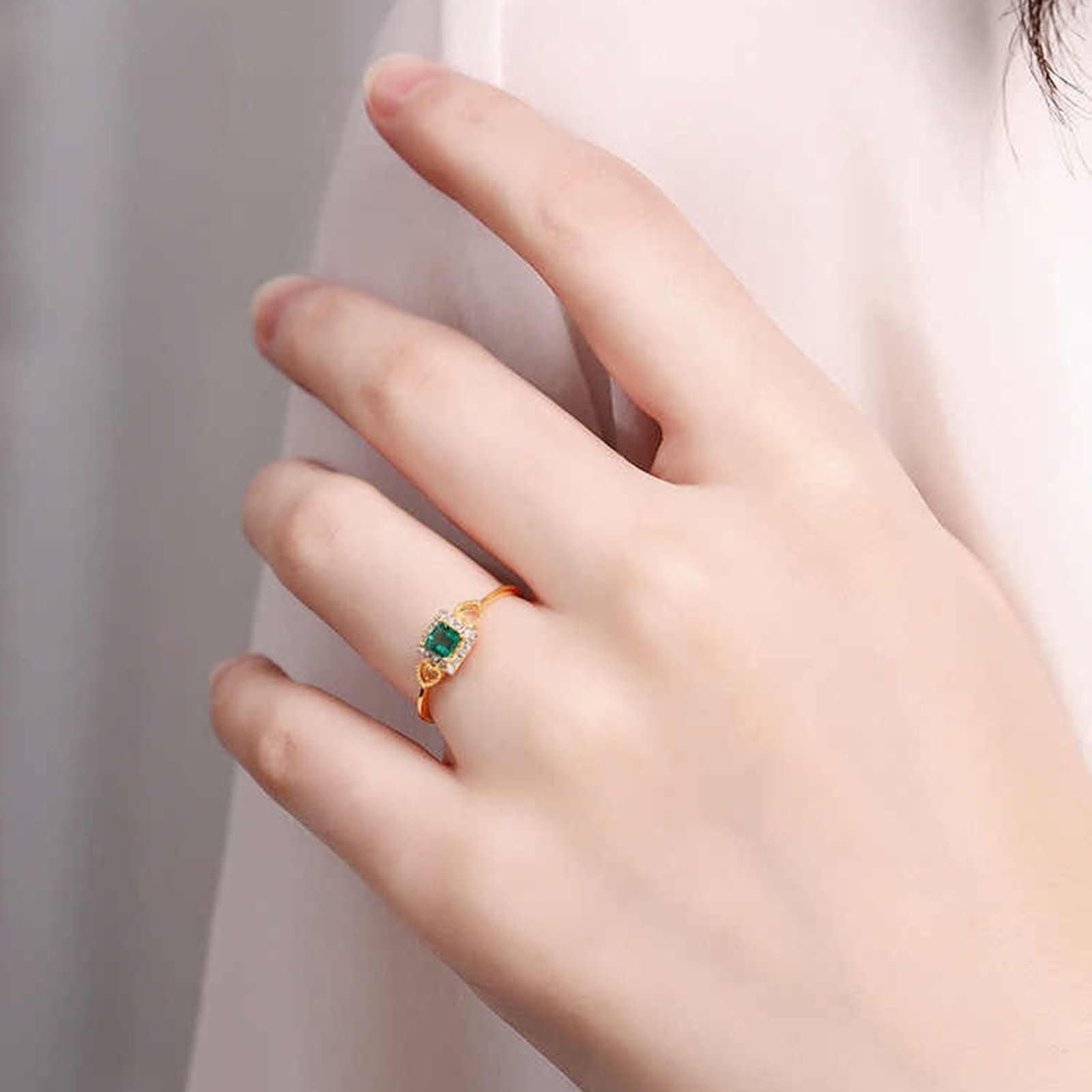Anillo Compromiso Oro de 9 Kilates / 14 Kilates / 18 Kilates para Mujer, Corazón Hueco y Cuadrado con Esmeralda y Diamante, Anillos de Oro Verde Alianzas Mujer