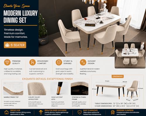 Image of WOODEN SPACE 6-Seater Wooden Dining Table Set | Nano Composite Marble Top | Solid Wood Base | Modern Dining Room Furniture with 6 Chairs (Beige Modern Vento)