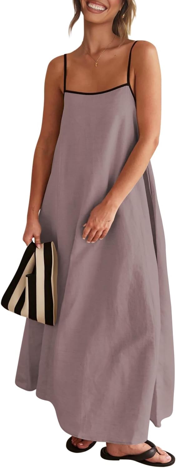 Shy Velvet Women's 2026 Summer Linen Maxi Dress Contrast Spaghetti Strap Dress Backless Casual Party Beach Dresses - Image 2