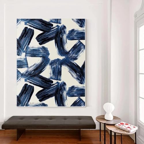 Décoration murale salon moderne : tableau abstrait bleu et blanc encadré