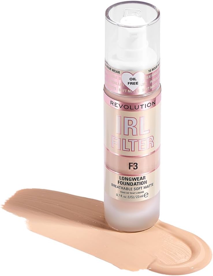Revolution, IRL Filter Longwear Foundation, Soft & Breathable Formula, Medium to Full Coverage, Matte Finish, F3, 0.7 fl oz