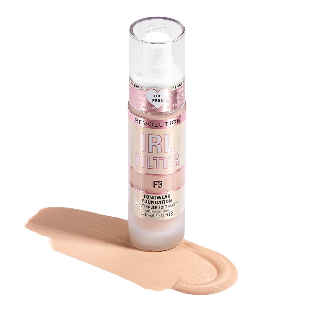 Revolution, IRL Filter Longwear Foundation, Soft & Breathable Formula, Medium to Full Coverage, Matte Finish, F3, 0.7 fl oz