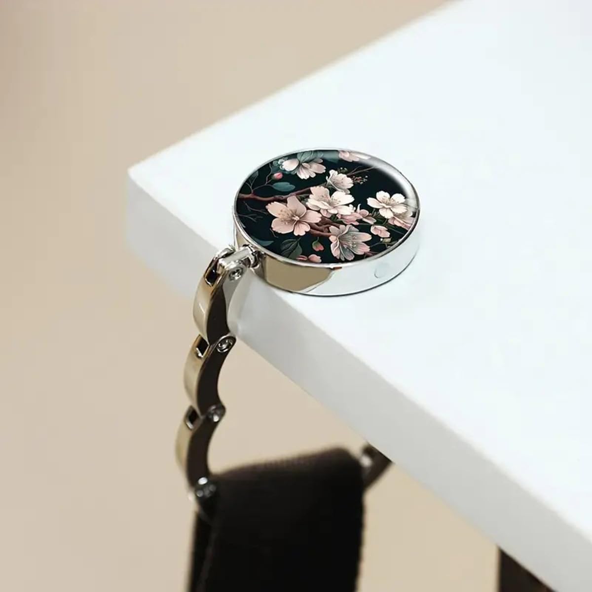Vintage Floral Print Foldable Table Hook Portable Zinc Alloy Purse Hanger Bag Holder with Non Slip Pad Compact Desk Hook for Handbags Backpacks Keys & Daily Accessories Organization
