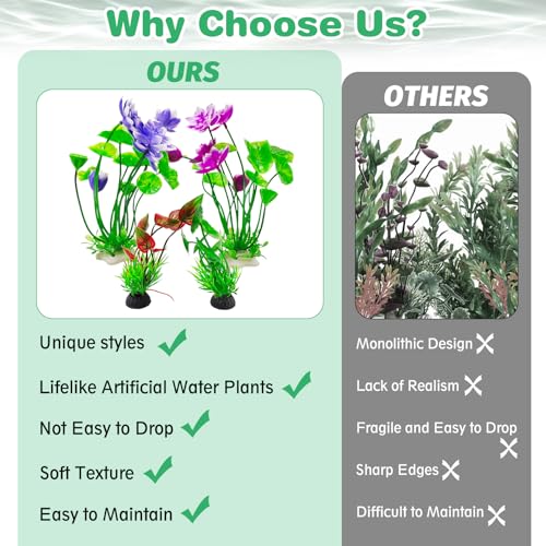 Image of Hamiledyi 2 Pcs Artificial Lotus Flowers with Small Artificial Seaweed Plants Fish Tank Plastic Plants Decorations Purple and White-Purple Blossoms Artificial Water Plants Perfect for Aquarium Decor