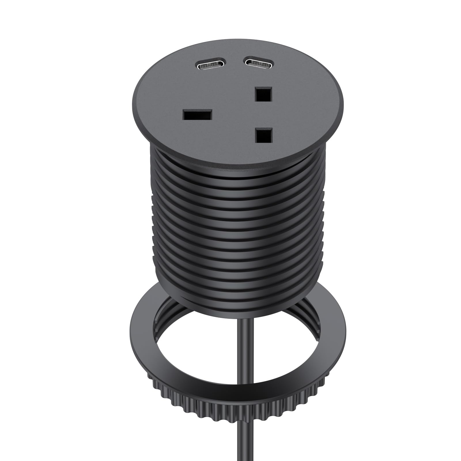 Recessed Power Socket, Haylink Desk Power Grommet with UK Plug & 2 USB-C Ports, 2M Cable, 60mm Cutout Socket for Desk, Countertop, Cabinet, Nightstand, Black
