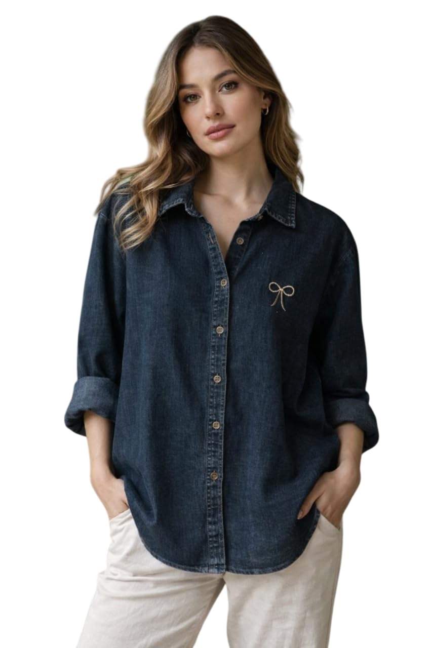 Effortless Denim Charm: Classic Indigo Button-Down Shirt with Minimal Bow Detail, Relaxed Fit for Everyday Casual Elegance and Timeless Style(Only Black Color)