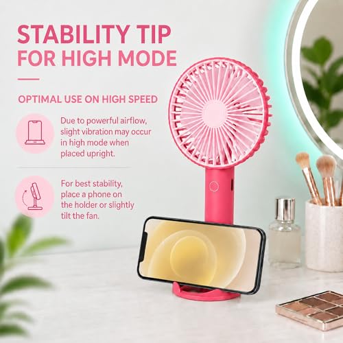 Image of TEQO Rechargeable Hand Fan 4800 RPM High Speed | 1200mAh Battery, Up to 6 Hours Runtime | Portable USB Fan with Mobile Stand & RGB Light | 3 Speed Personal Mini Fan for Travel, Makeup (Raspberry)