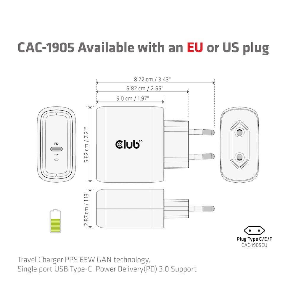 CLUB3D - Caricabatterie da Viaggio PPS 65 W, Tecnologia GAN Singola, USB Tipo C, Power Delivery(PD) 3.0, Supporto CAC-1905EU