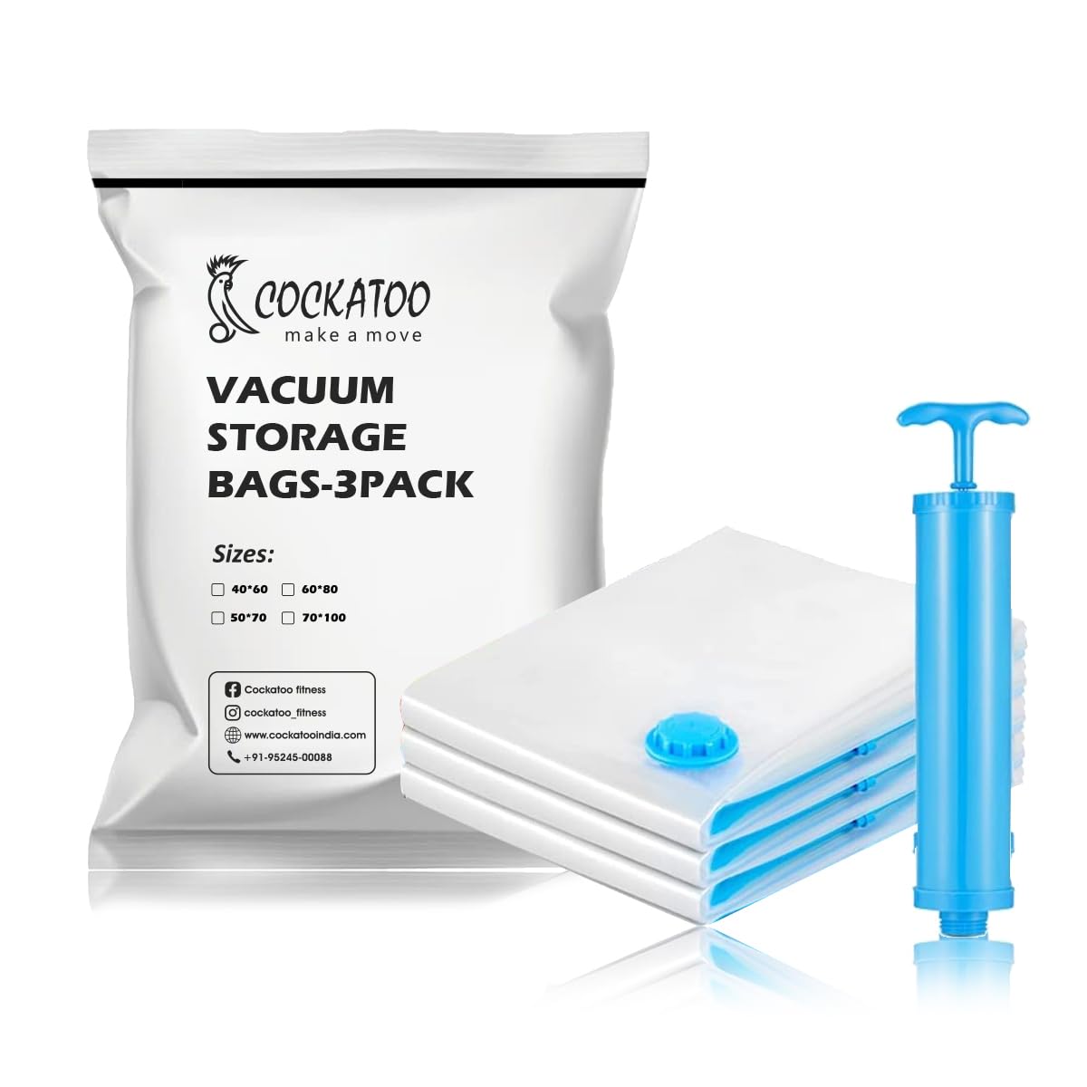 Cockatoo Space-Mate Vacuum Bags for Travel,Vacuum Bags For Clothes With Pump, Travel Essentials For Women & Men, Pack Of 3 Vacum Bag (70x100 CM)