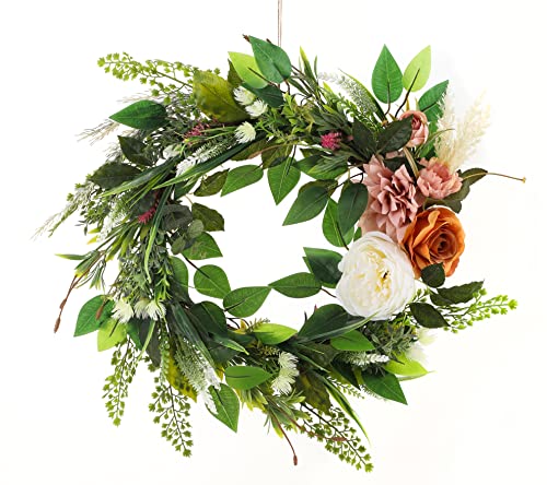 Greenery Wreaths For Front Door 18 Inch With Fern Greenery Leaves Rose Flower And Grapevine Base In Spring,Summer,Fall Wreaths Outdoor Indoor Farmhouse Decor #TOP1