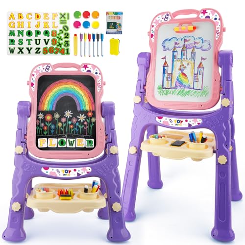 TOY Life Toddler Easel for Girls, Double Sided Adjustable Art Easel with Painting Accessories for Toddler Girl 2-4 Years, Magnetic Rotatable Drawing Chalkboard for Kids Ages 4-8 -Pink